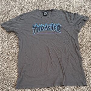 Thrasher Gray Tee with Blue and Purple Flame Design